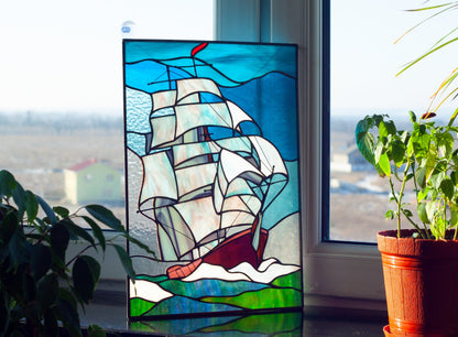 Stained Glass Window Panel — Sailing Ship Seascape, Nautical Ocean Hanging, Sailor Boat Gift