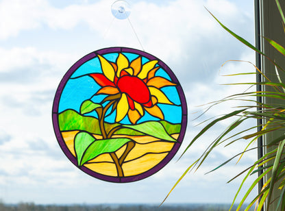 Sunflower Landscape Round Suncatcher — Summer Field Window Art, Ukraine Nature Gift Her