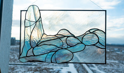 Minimalist Female Figure Stained Glass Panel — Blue Line Art, Abstract Reclining Form Decor