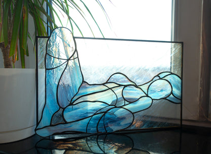 Minimalist Female Figure Stained Glass Panel — Blue Line Art, Abstract Reclining Form Decor