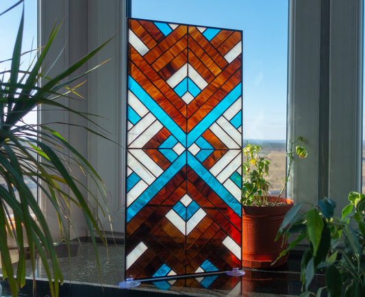 Stained Glass Window Panel — Art Deco Chevron Geometric, Bold Abstract Hanging, Modern Home Gift