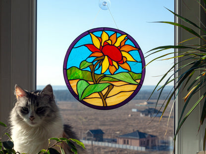 Sunflower Landscape Round Suncatcher — Summer Field Window Art, Ukraine Nature Gift Her