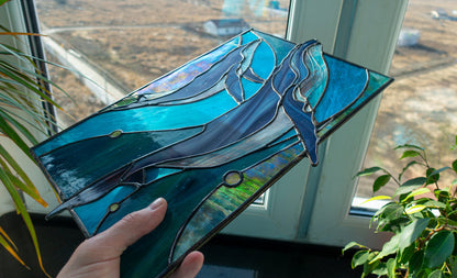 Stained Glass Panel — Blue Whale Ocean, Dual Hang Horizontal or Vertical, Whale Lover Gift