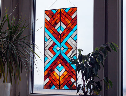 Stained Glass Window Panel — Art Deco Chevron Geometric, Bold Abstract Hanging, Modern Home Gift