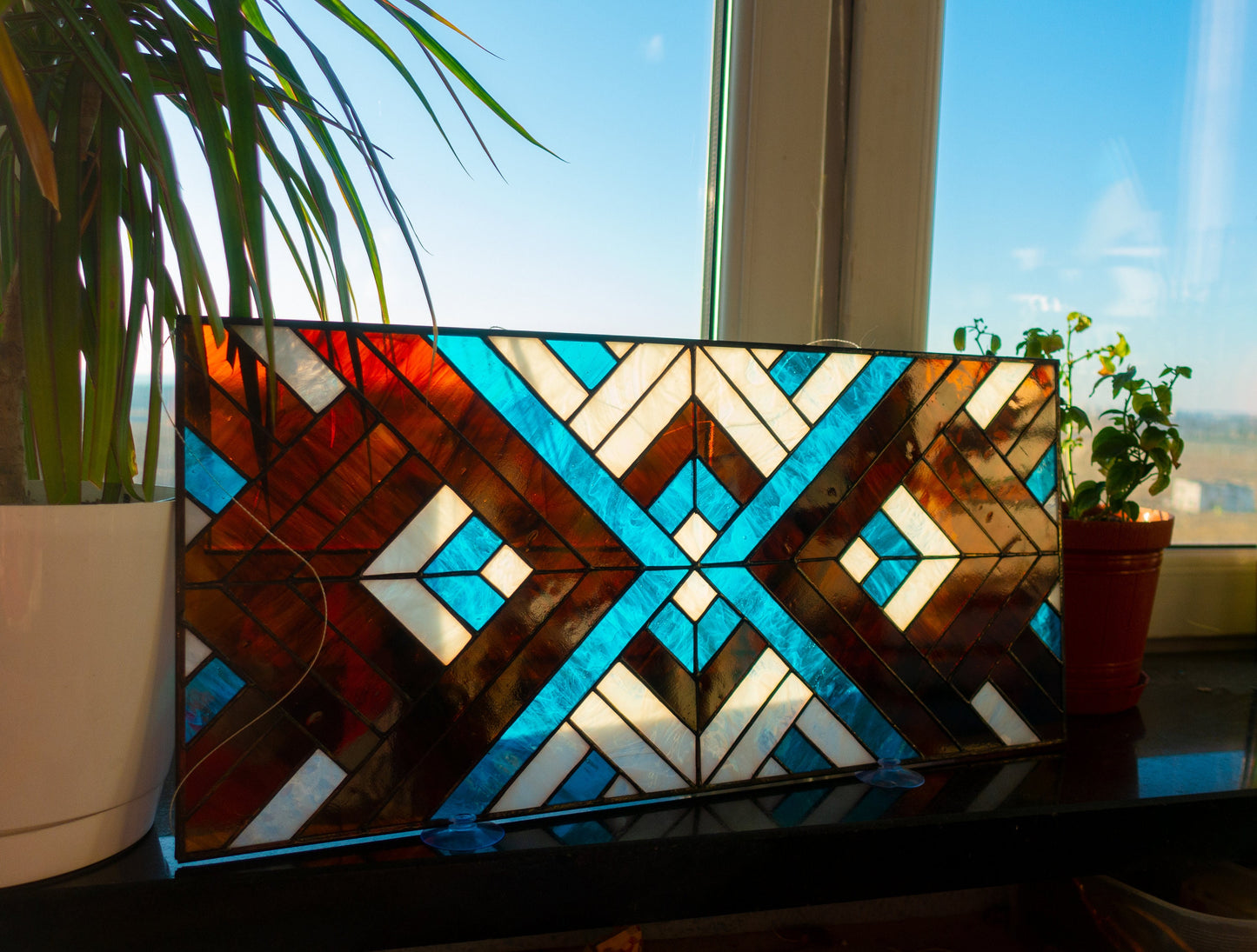 Stained Glass Window Panel — Art Deco Chevron Geometric, Bold Abstract Hanging, Modern Home Gift
