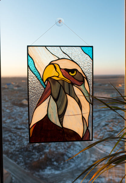 Stained Glass Panel — Abstract Bald Eagle, American Patriotic Window Hanging, Eagle Lover Gift