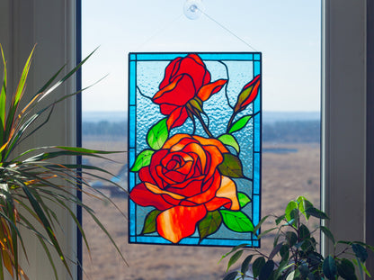 Red Roses Stained Glass Panel — Romantic Floral Window Art, Anniversary Valentine Gift Her