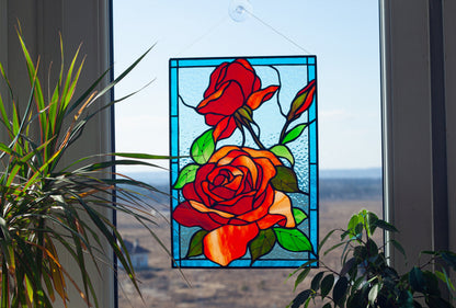 Red Roses Stained Glass Panel — Romantic Floral Window Art, Anniversary Valentine Gift Her