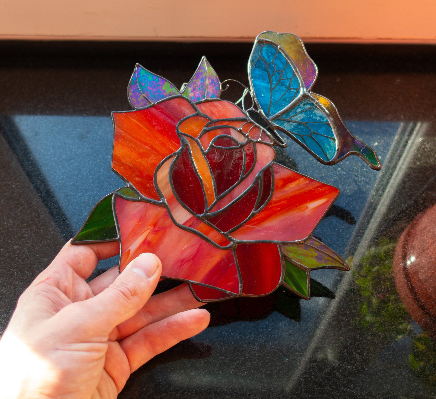 Rose and Butterfly Stained Glass Suncatcher — Romantic Floral Window Art, Gift for Her