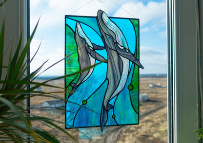 Stained Glass Panel — Blue Whale Ocean, Dual Hang Horizontal or Vertical, Whale Lover Gift