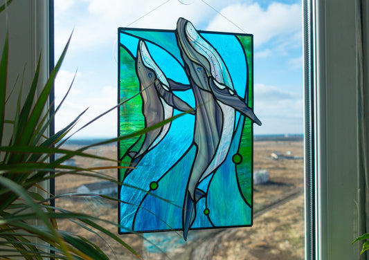 Stained Glass Panel — Blue Whale Ocean, Dual Hang Horizontal or Vertical, Whale Lover Gift