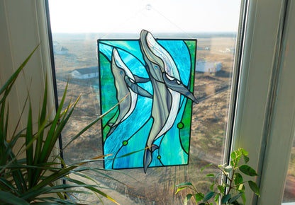Stained Glass Panel — Blue Whale Ocean, Dual Hang Horizontal or Vertical, Whale Lover Gift