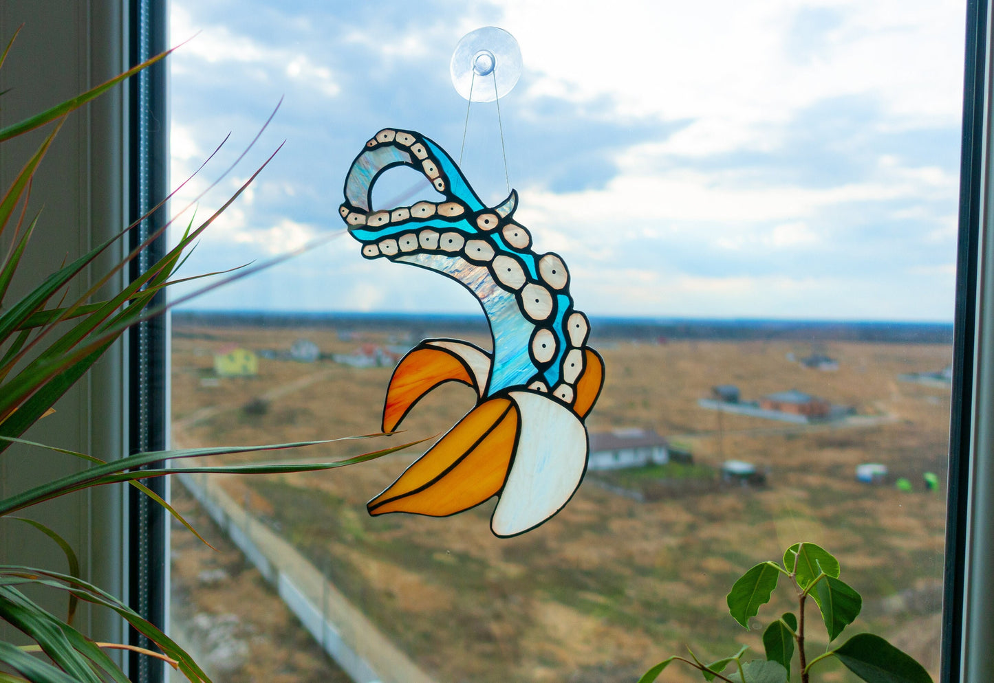 Banana Octopus Tentacle Suncatcher — Surreal Kraken Window Art, Weird Funny Ocean Gift
