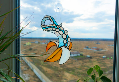 Banana Octopus Tentacle Suncatcher — Surreal Kraken Window Art, Weird Funny Ocean Gift