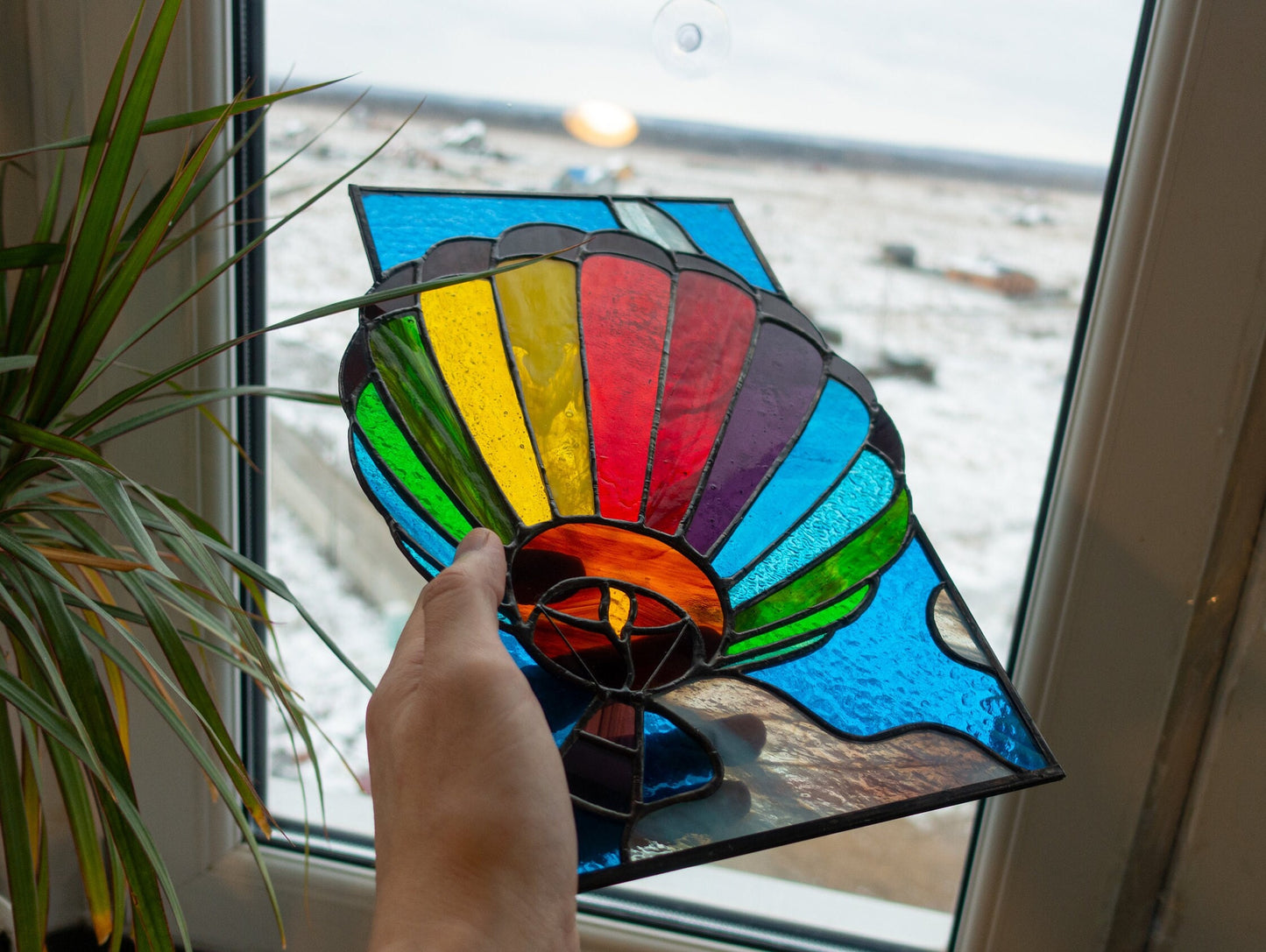 Stained Glass Suncatcher — Hot Air Balloon, Colorful Sky Window Hanging, Adventure Travel Gift