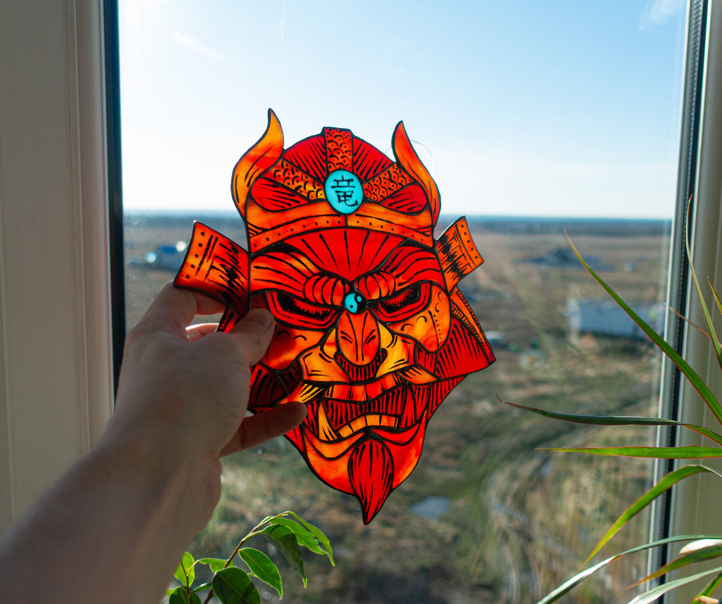 Red Samurai Mask Stained Glass Suncatcher — Japanese Oni Window Art, Anime Warrior Gift Him