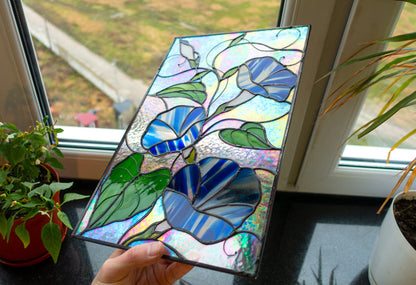 Morning Glory Stained Glass Panel — Floral Window Hanging, Birth Flower Gift, Nature Decor