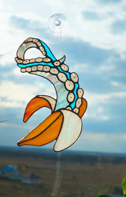 Banana Octopus Tentacle Suncatcher — Surreal Kraken Window Art, Weird Funny Ocean Gift