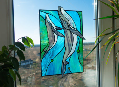 Stained Glass Panel — Blue Whale Ocean, Dual Hang Horizontal or Vertical, Whale Lover Gift