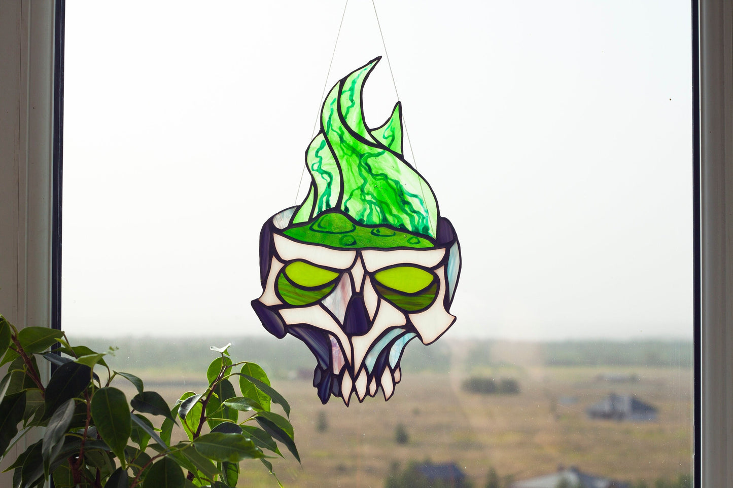 Halloween Skull Potion Stained Glass Suncatcher — Witch Poison Window Art, Spooky Horror Gift
