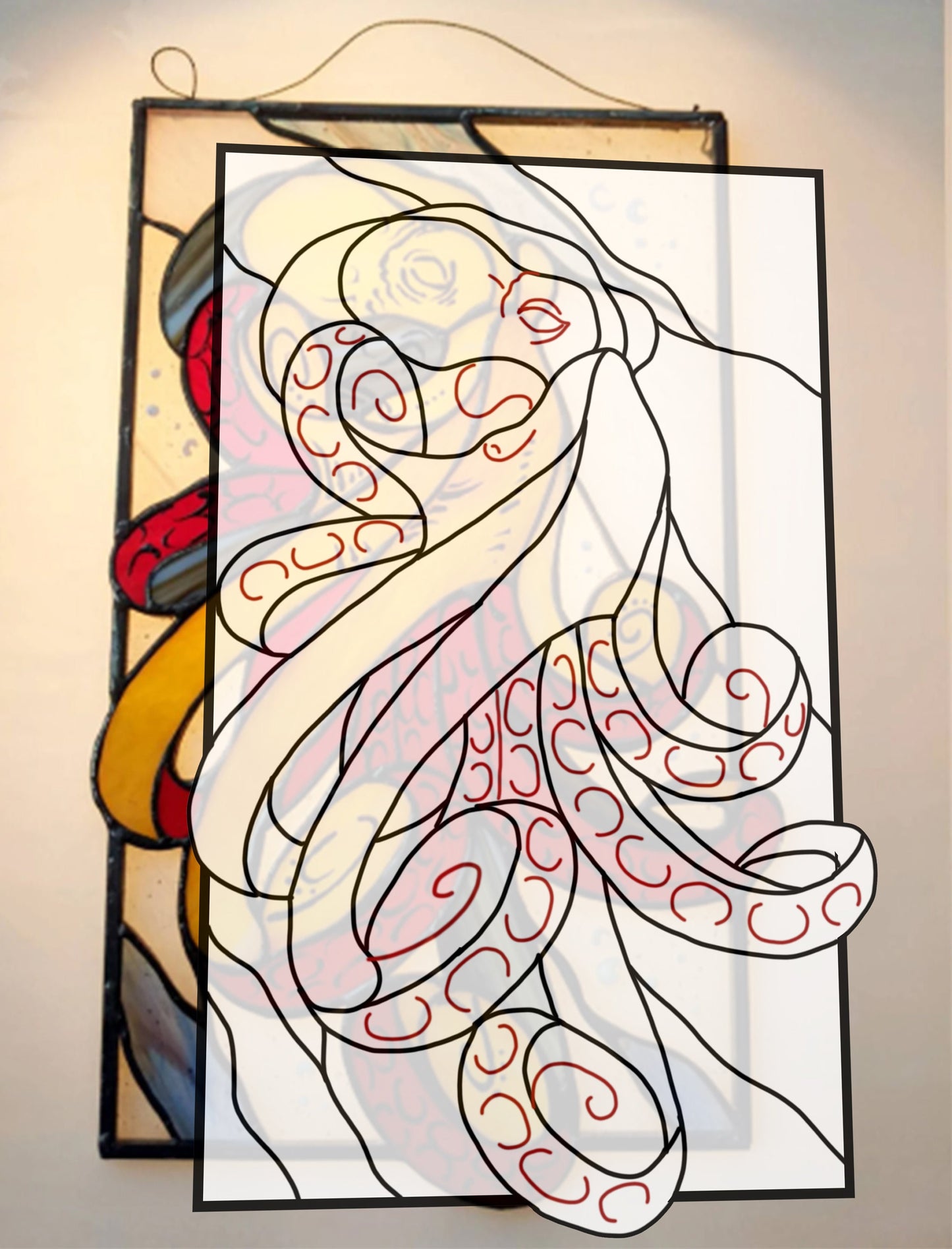 Digital pattern Octopus Stained glass Window panel