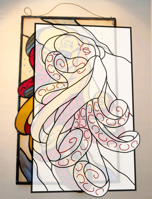 Digital pattern Octopus Stained glass Window panel