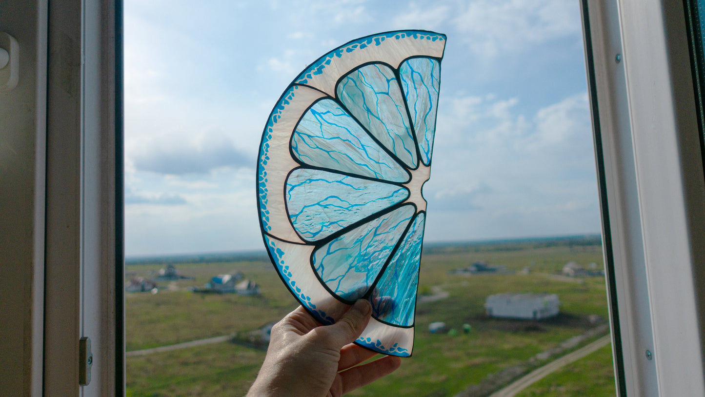 Citrus Lime Stained Glass Suncatcher — Blue Glass Fruit Window Art, Kitchen Decor, Summer Gift