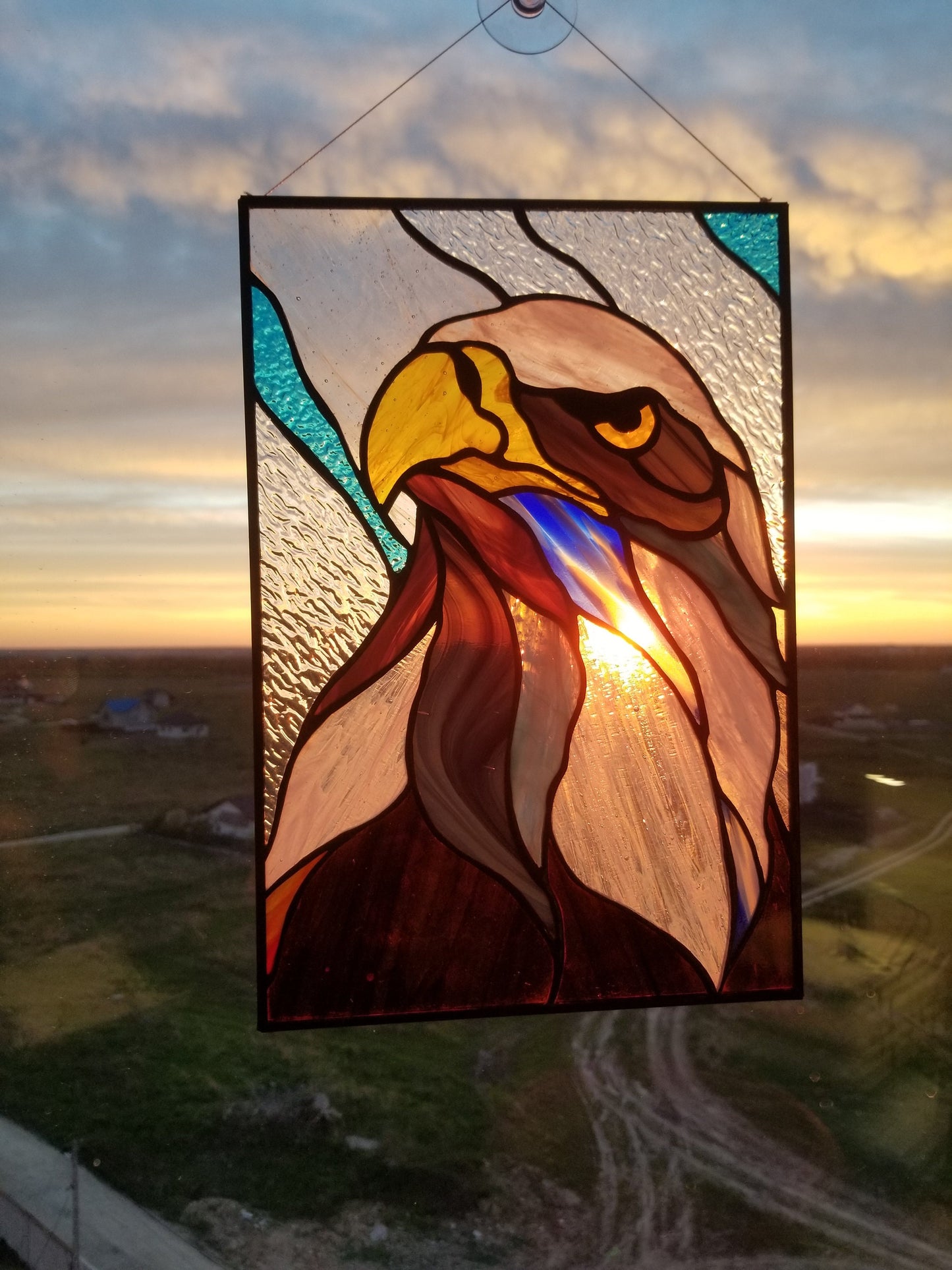 Stained Glass Panel — Abstract Bald Eagle, American Patriotic Window Hanging, Eagle Lover Gift