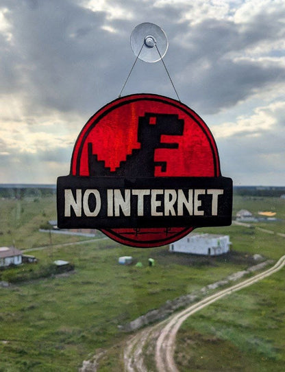 No Internet Dinosaur Stained Glass Suncatcher — Offline Dino Meme, Gamer Geek Window Art Gift