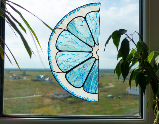 Citrus Lime Stained Glass Suncatcher — Blue Glass Fruit Window Art, Kitchen Decor, Summer Gift