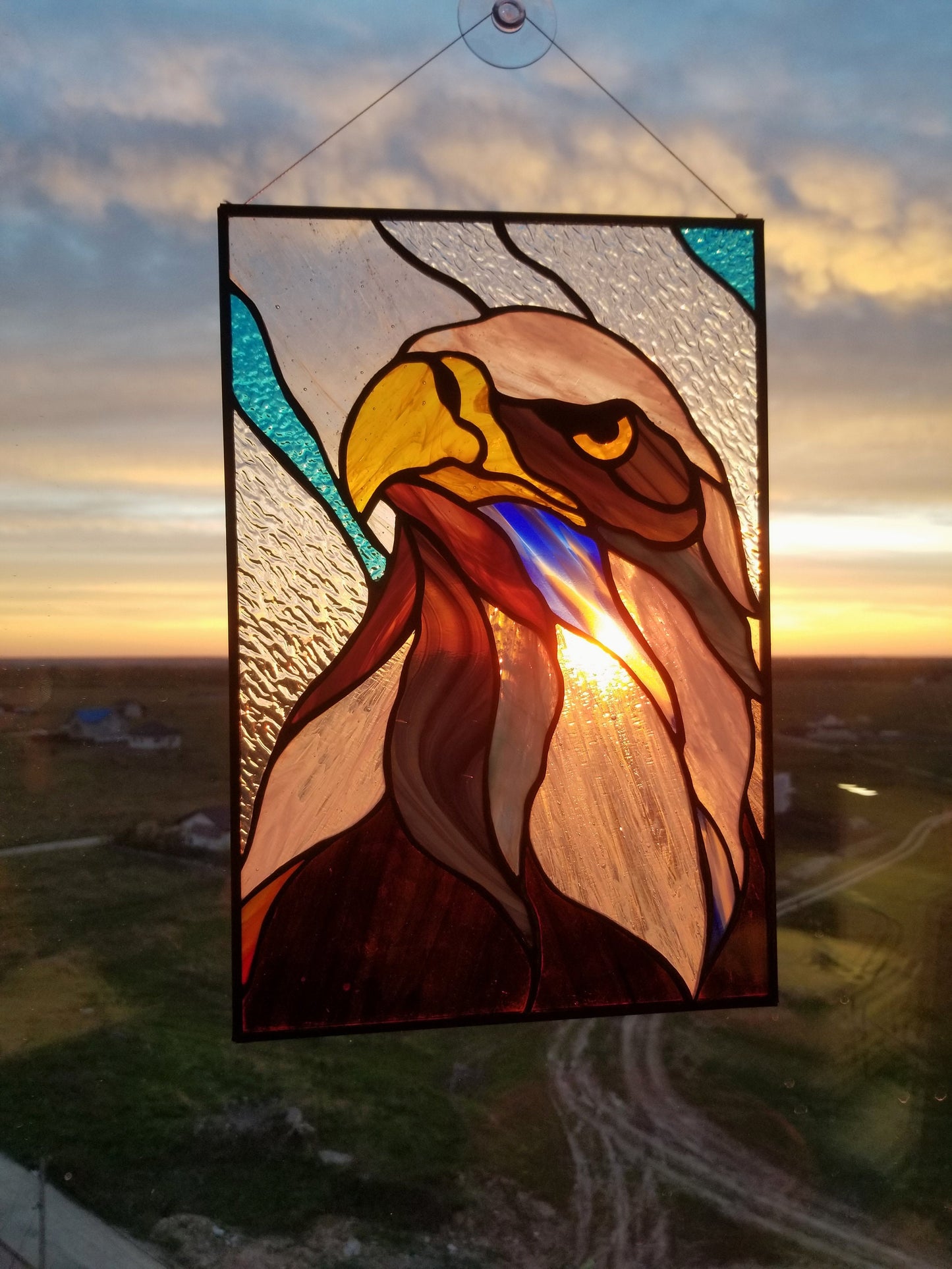 Stained Glass Panel — Abstract Bald Eagle, American Patriotic Window Hanging, Eagle Lover Gift