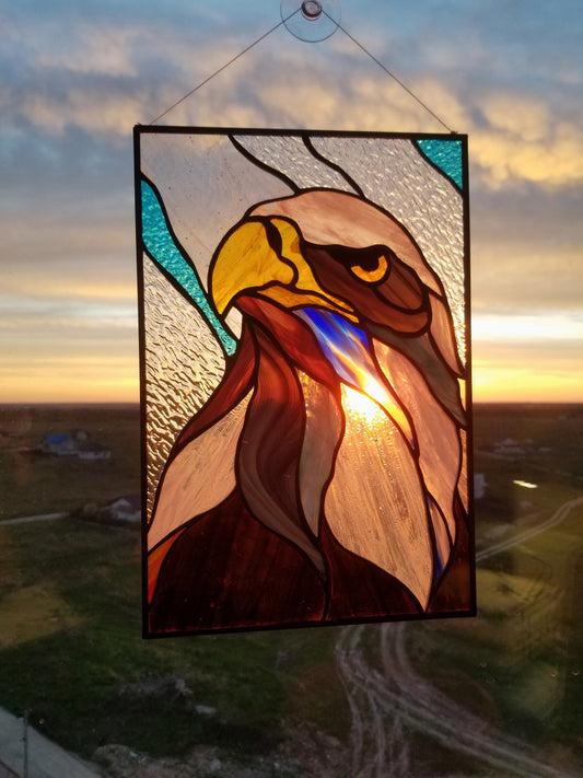 Stained Glass Panel — Abstract Bald Eagle, American Patriotic Window Hanging, Eagle Lover Gift