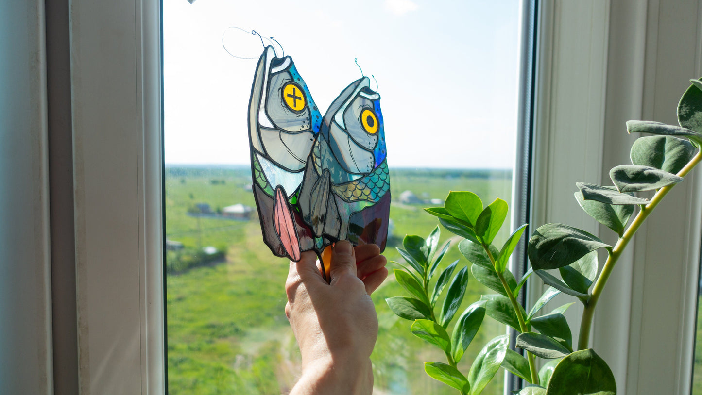 Stained Glass Fish Ice Cream Suncatcher — Hooked Popsicle Fish, Weird Funny Window Art Gift