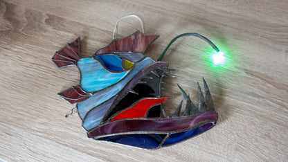 Anglerfish Stained Glass Suncatcher — Deep Sea Night Light Window Art, Weird Ocean Horror Gift