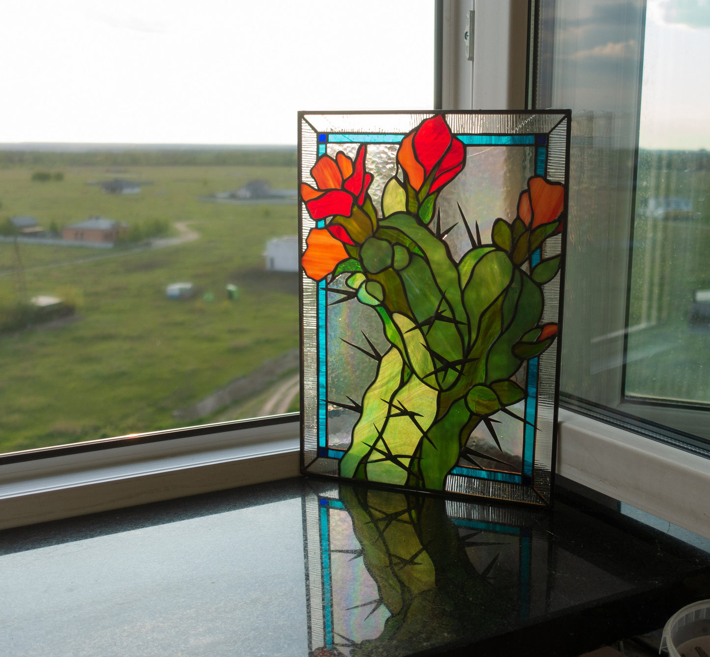 Blooming Cactus Stained Glass Panel— Desert Floral Window Art, Plant Lover Nature Gift