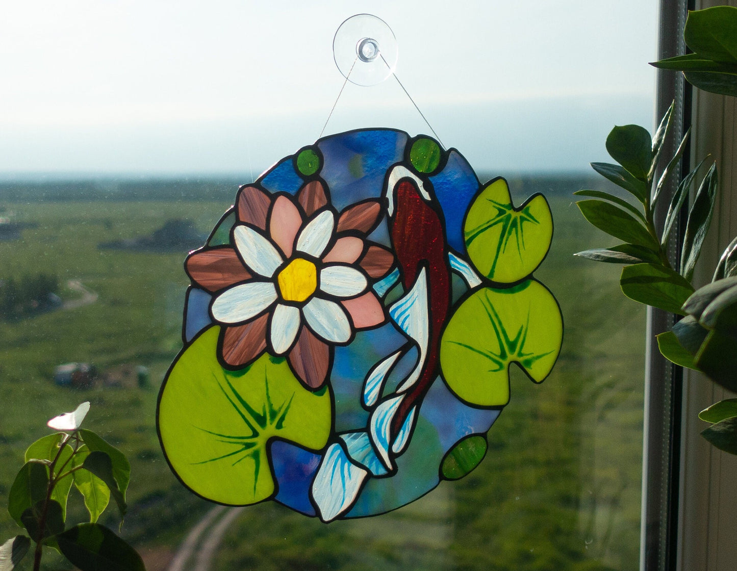 Koi Fish Stained Glass Suncatcher: Lotus Flower Window Hanging