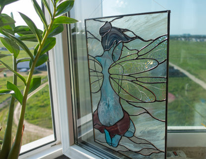 Stained Glass Panel — Fairy Girl with Wings, Fairycore Iridescent Hanging, Fantasy Room Decor