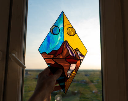 Stained Glass Suncatcher — Day and Night Mountain Rhombus, Geometric Window Art, Nature Gift