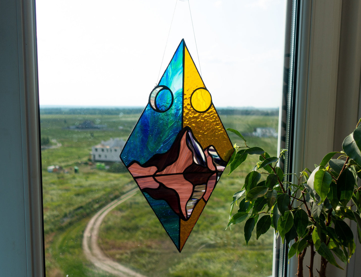 Stained Glass Suncatcher — Day and Night Mountain Rhombus, Geometric Window Art, Nature Gift