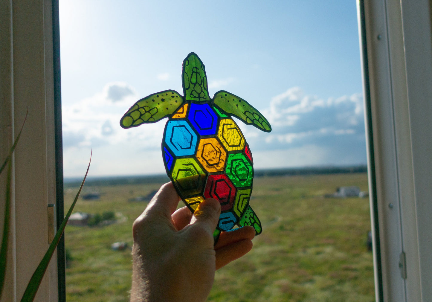 Stained Glass Turtle Suncatcher — Colorful Sea Turtle Window Hanging, Ocean Nature Gift
