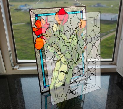 Digital pattern PSD rectangle blooming cactus Stained glass Window panel, Home decoration from Ukraine