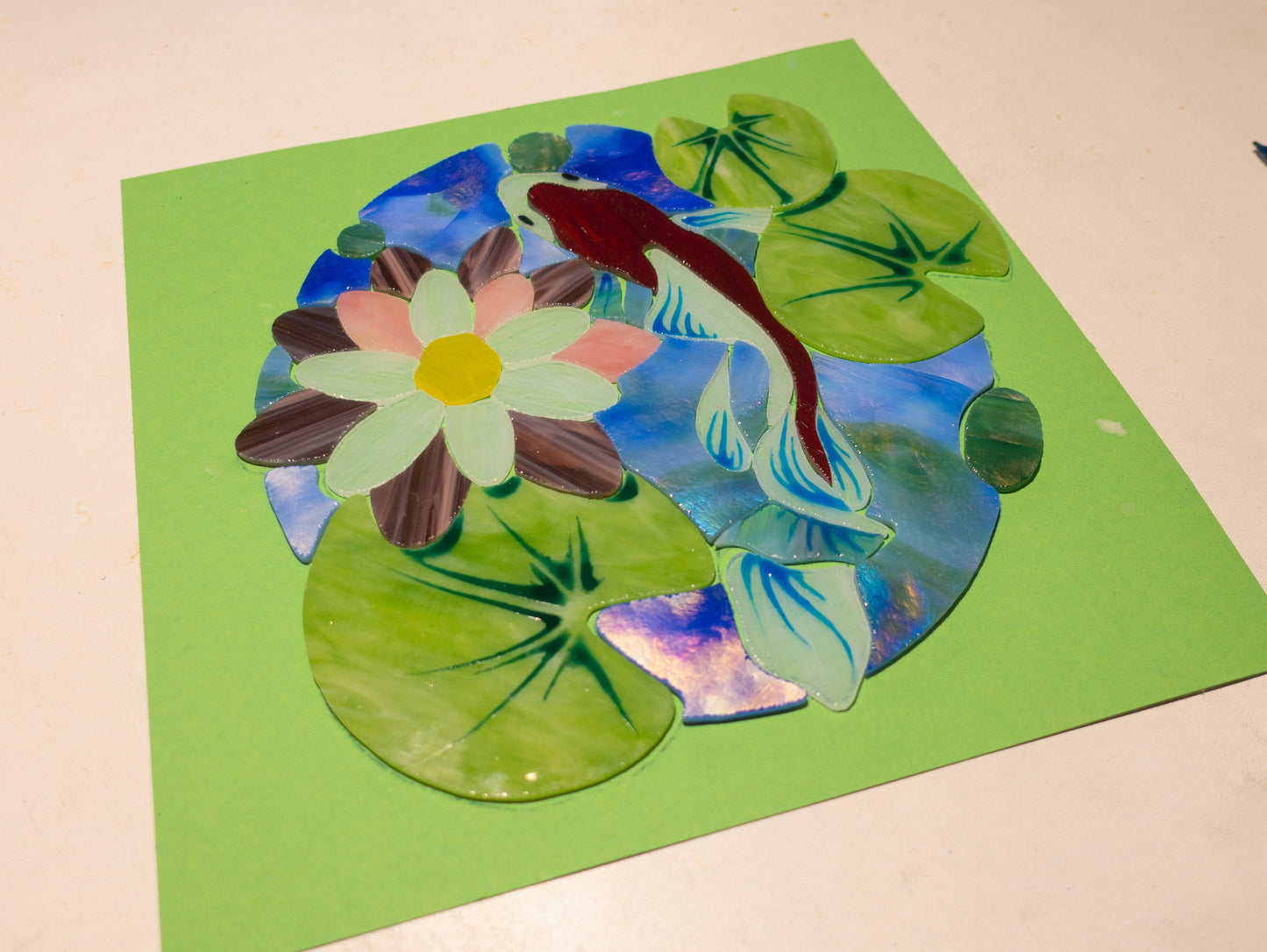 Koi Fish Stained Glass Suncatcher: Lotus Flower Window Hanging