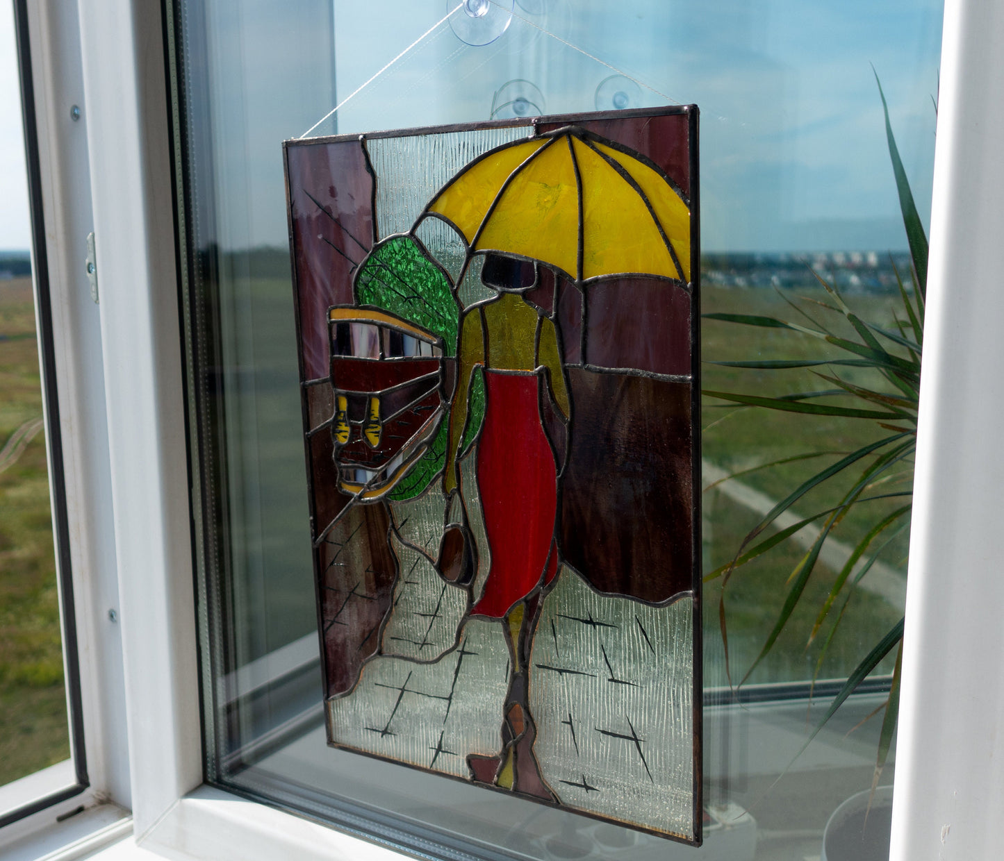Stained Glass Panel — Woman with Umbrella Rainy Day, Feminine Window Hanging, Gift for Her