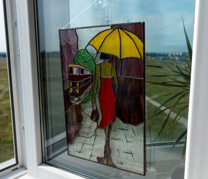 Stained Glass Panel — Woman with Umbrella Rainy Day, Feminine Window Hanging, Gift for Her