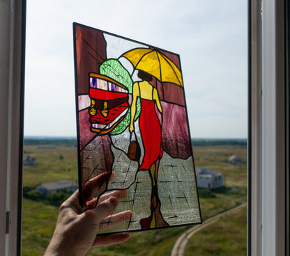 Stained Glass Panel — Woman with Umbrella Rainy Day, Feminine Window Hanging, Gift for Her