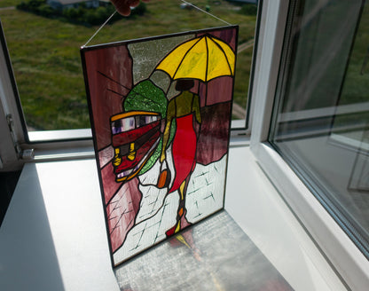 Stained Glass Panel — Woman with Umbrella Rainy Day, Feminine Window Hanging, Gift for Her