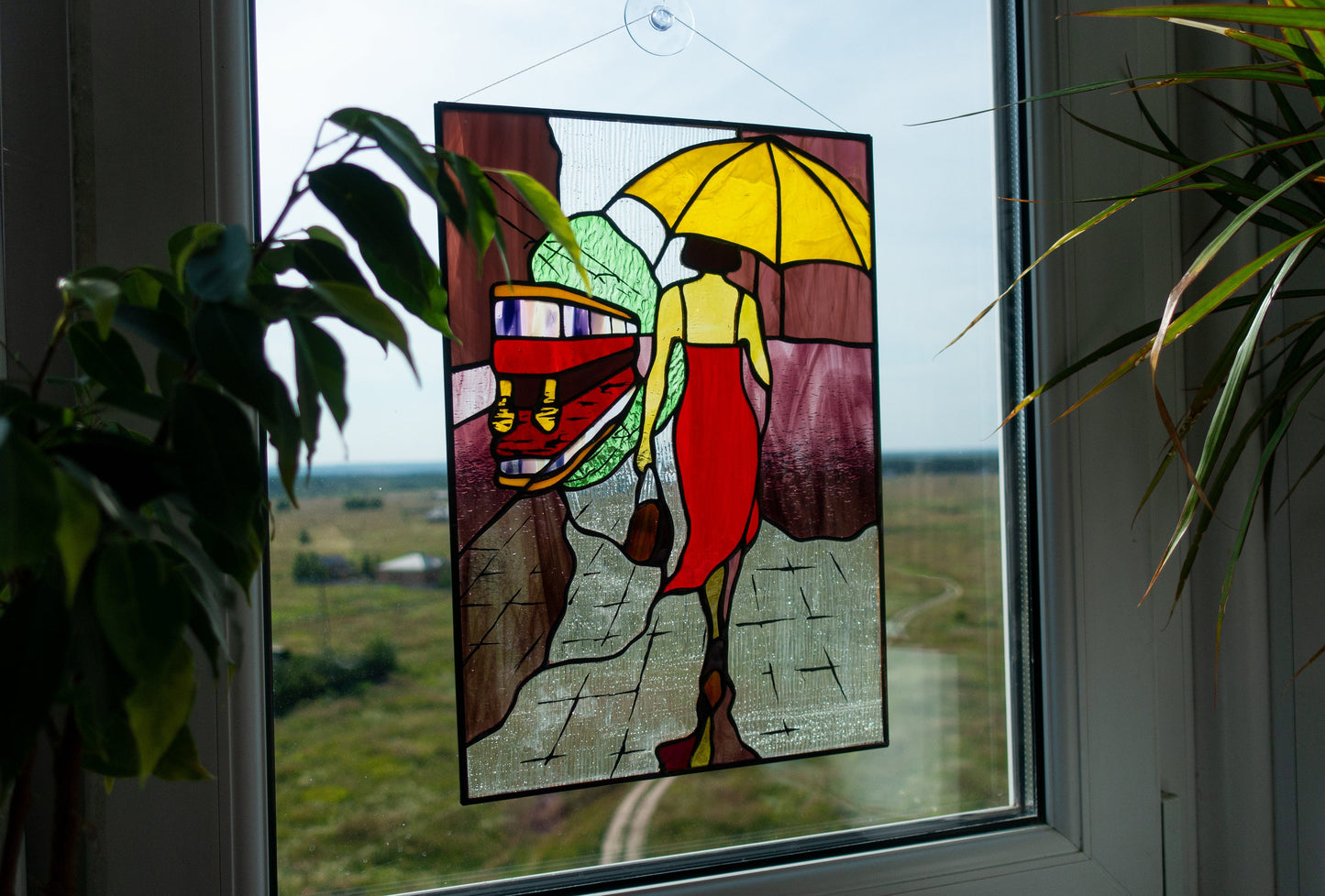 Stained Glass Panel — Woman with Umbrella Rainy Day, Feminine Window Hanging, Gift for Her