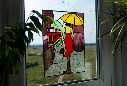Stained Glass Panel — Woman with Umbrella Rainy Day, Feminine Window Hanging, Gift for Her