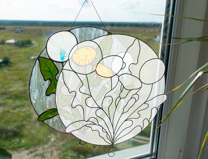 Digital pattern round dandelion Stained glass Window panel