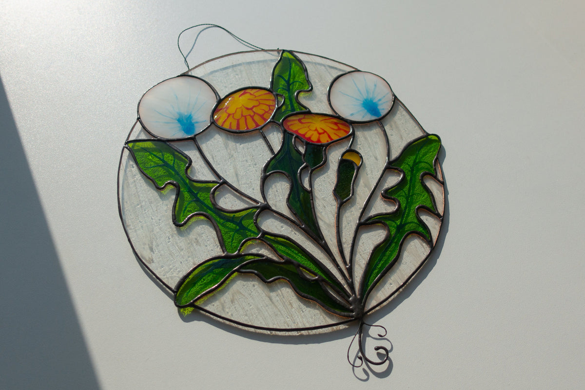 Digital pattern round dandelion Stained glass Window panel